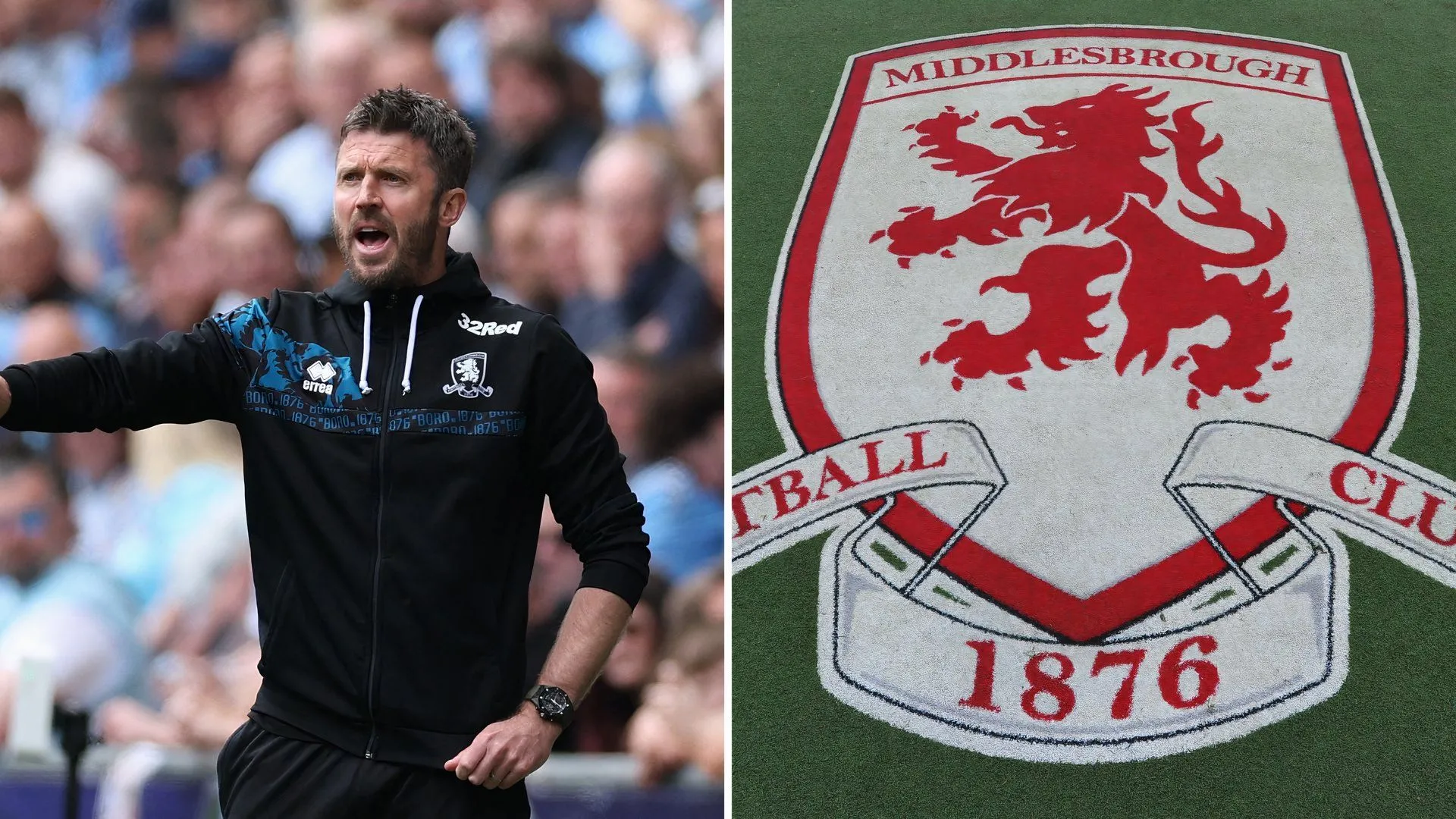Huấn luyện viên Michael Carrick và huy hiệu CLB Middlesbrough, biểu tượng cho những quyết định quan trọng hè này